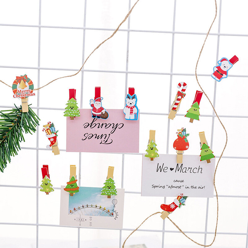 Christmas Wooden Clip Photo Clip Cute Cartoon Color Clip with Hemp Rope Photo Wall Clip