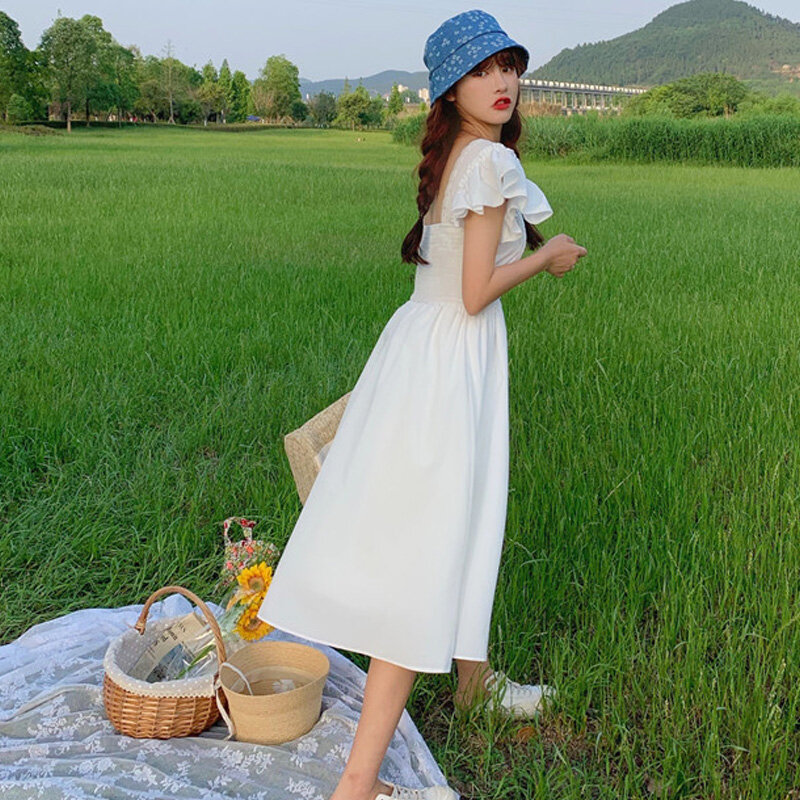 Una pieza de las mujeres del bordado coreano dulce mangas voladoras 2021 novedad de verano Vintage Floral elegante vestido de moda vestido de hadas de Mujer