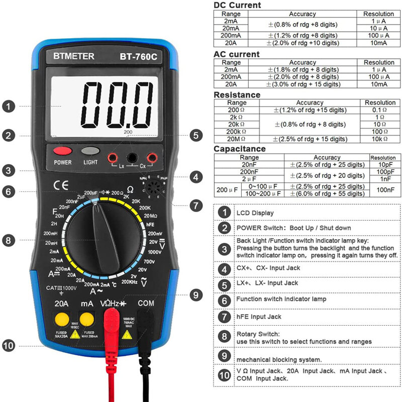 Cyfrowy multimetr BT-760C wolt/miernik rezystancji rezystancji, pojemność, częstotliwość, indukcyjność, diody testują prąd DC/AC