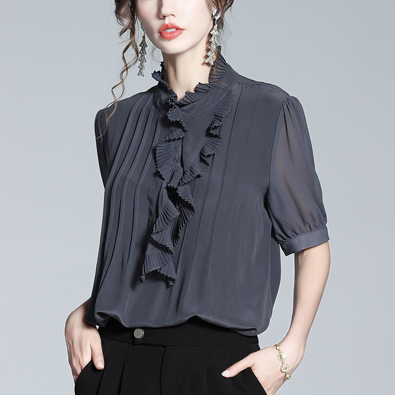 Silk shirt women's 2021 summer new design sense niche ruffled French shirt mulberry silk foreign style shirt