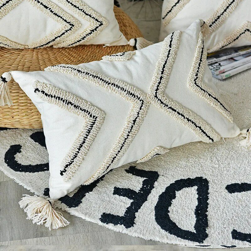 Fronha de almofada geométrica boêmia, capa de travesseiro com borlas, moderna, para decoração de sofá, almofada