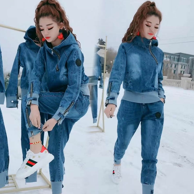 Garnitur damski 2020 nowy denim garnitur damski netto czerwone modne dorywczo koreańskie dżinsy dwuczęściowy zestaw dla kobiet