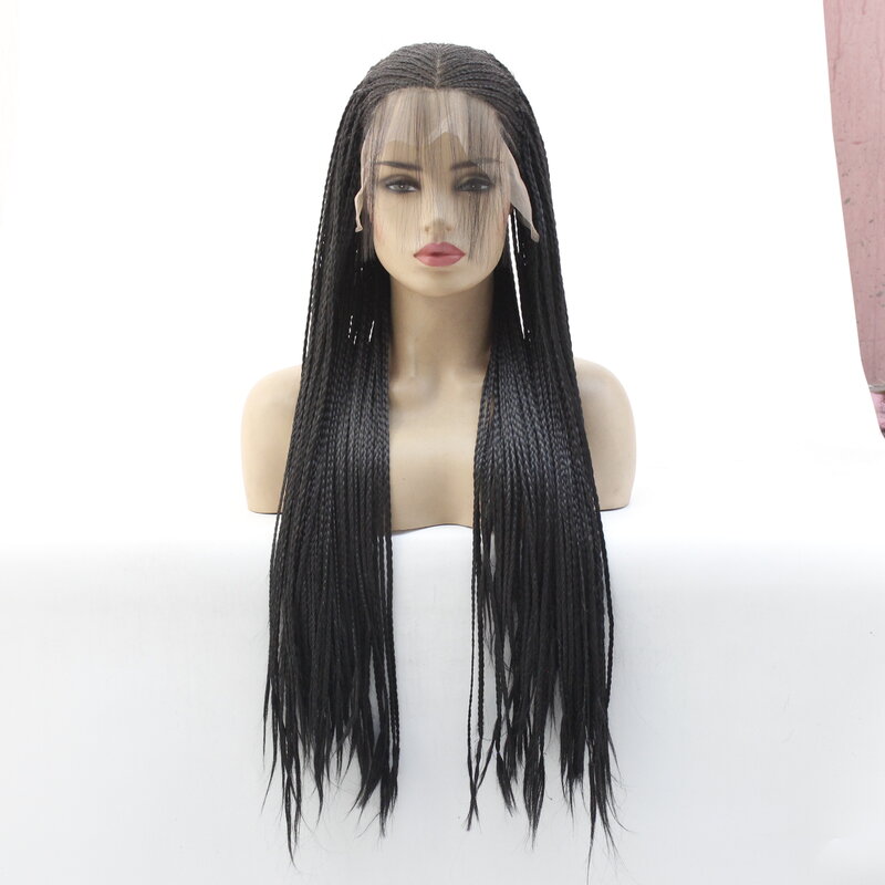 Pelucas frontales de encaje profundo 13*6, caja trenzada larga, trenzas, pelo negro sintético para mujeres, pelo de alta temperatura, peluca de encaje de uso diario