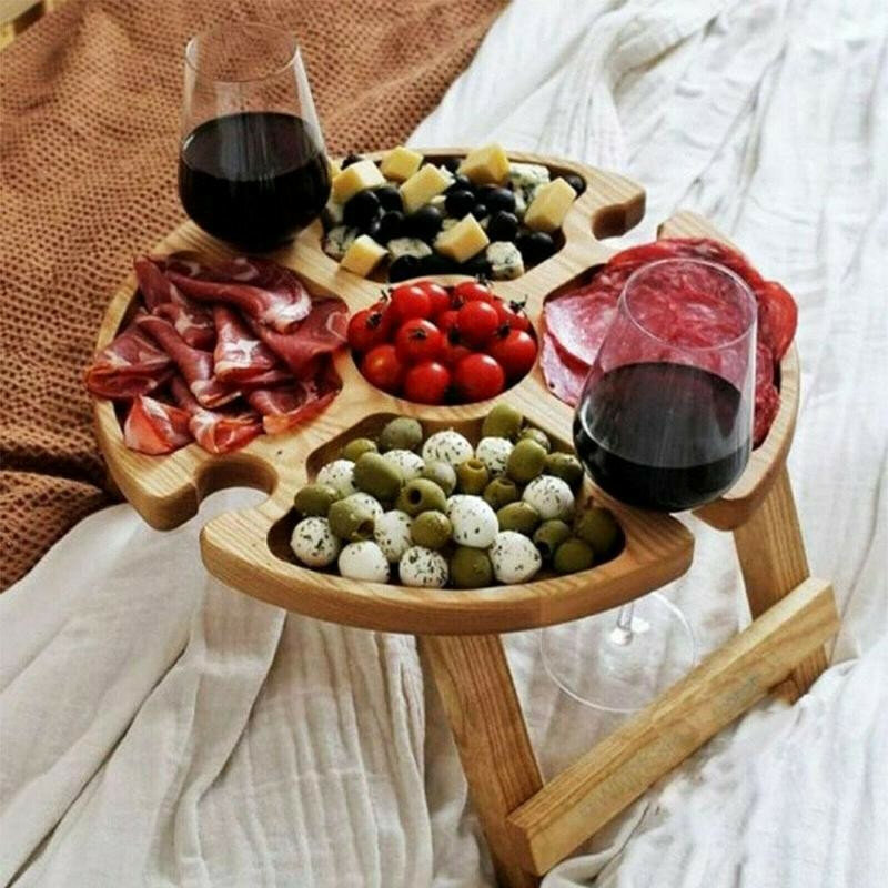 Деревянный уличный винный столик, складной столик для пикника со стеклянным держателем 2 в 1, стойка для бокалов для вина, уличная портативна...