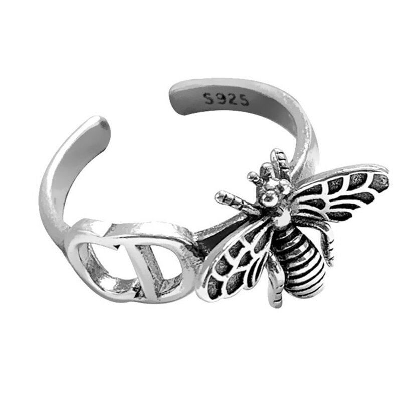 VENTFILLE 925 Sterling Silver Personality Letter Three-Dimensional Little Bee Opening Ring Women Student Party Vintage Jewelry