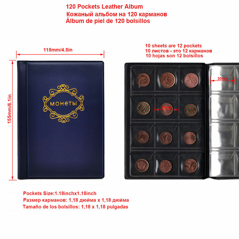 Album in pelle PU per monete 10 fogli Album di francobolli 250/120 tasche collezione di monete libro per monete Commemorative badge token Album