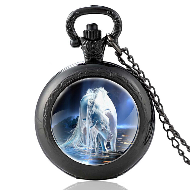 Jam Tangan Saku Kuarsa Pria Wanita Klasik Liontin Kuda Putih Kalung Jam Tangan Hadiah Perhiasan