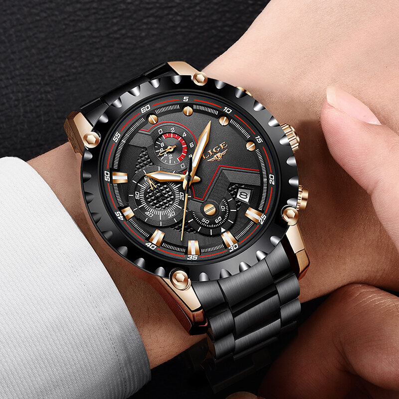 LIGE Mens Relógios Top Marca de Luxo Relógio Do Esporte de Quartzo de Negócios Relógio Para Homens Completa Aço Relógio À Prova D' Água Data Relogio masculino