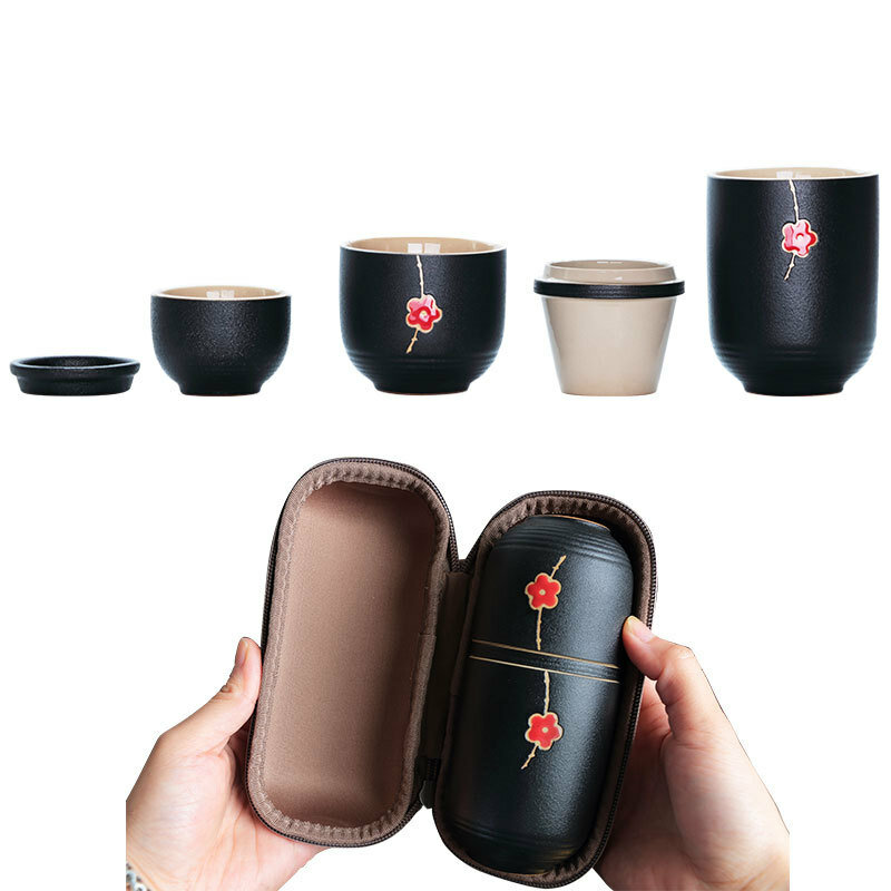 Портативная керамическая концентрическая чашка черного цвета, Сливовый цветок, дорожный Экспресс-горшок, три чашки с керамическим фильтро...
