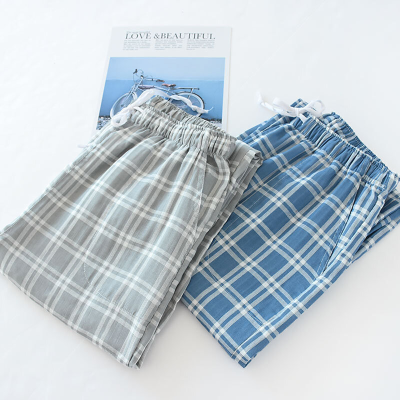 Męskie bawełniane spodnie gaza Plaid dzianiny spodnie do spania męskie piżamy spodnie dna piżamy piżamy krótkie dla mężczyzn Pijama Hombre