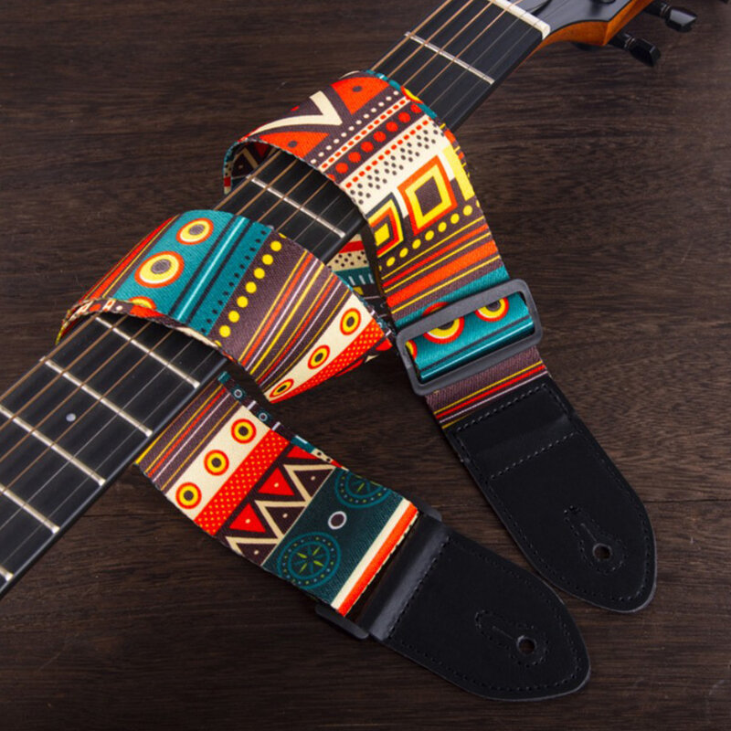 Guitar Strap Adjustable Colorful Printing Polyester Strap Leather Head Shoulder Strap Carrier for Bass Electric Acoustic Guitars