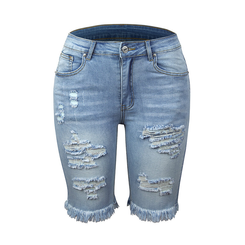 DIFIUPA Womens Knee Length Jeans Vantage Mid Waist Bodycon Denim Shorts Female Ripped Shorts High-stretch Denim with Tassel