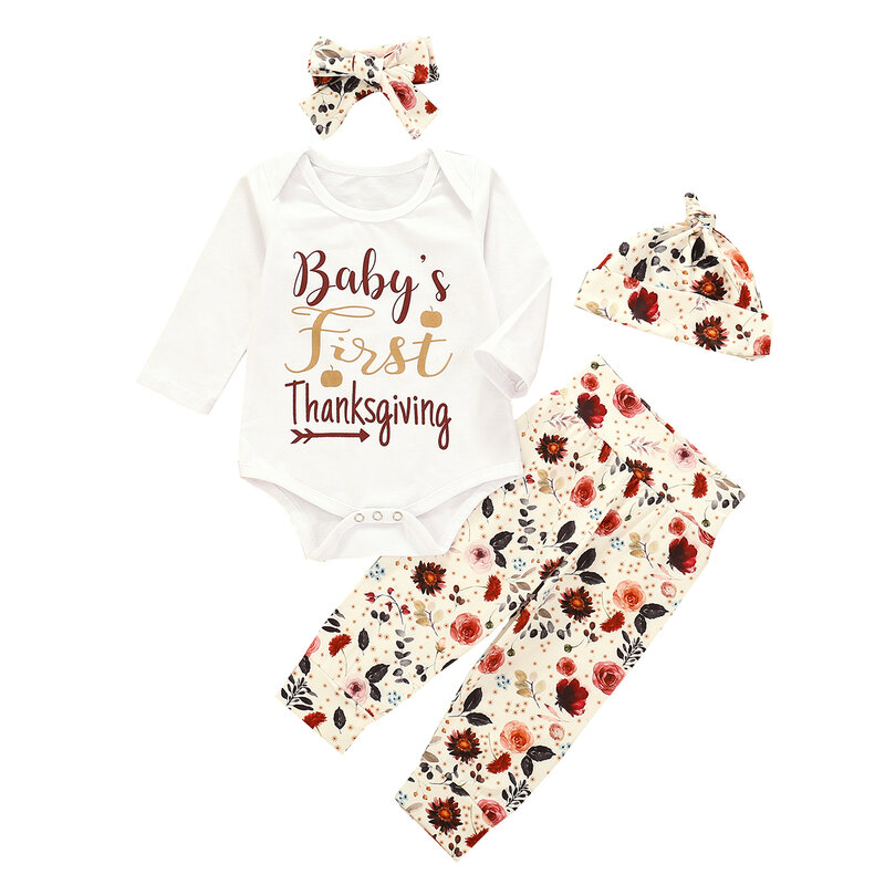Baby Girl 2020 nowy 4 sztuk zestaw odzieży z długim rękawem list koszulka z nadrukiem + kwiat spodnie z nadrukiem + kapelusz + pałąk 0-2T stroje zestaw