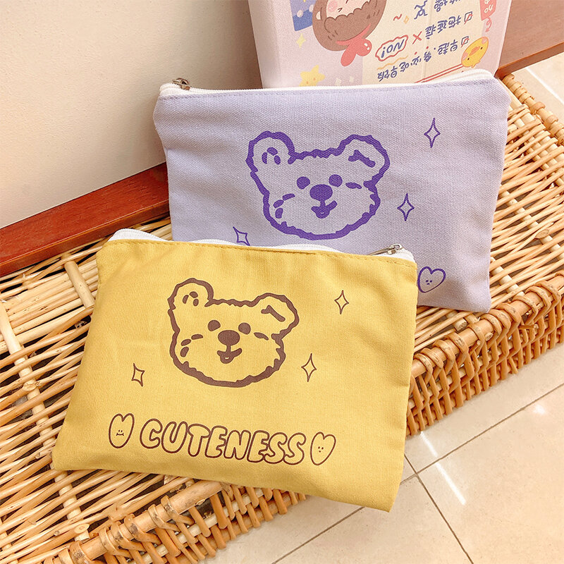 Cute Bear Makeup Bag Canvas Small Cosmetic Pouch Travel Women Toiletry Bag Cartoon Print Beauty Case Make Up Organizer Case