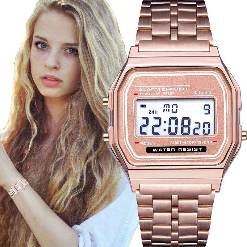 Luxus Rose Gold Frauen Digitale Uhr Ultra-dünnen Stahl LED Elektronische Handgelenk Uhr Leuchtende Uhr Damen Uhr Montre Femme