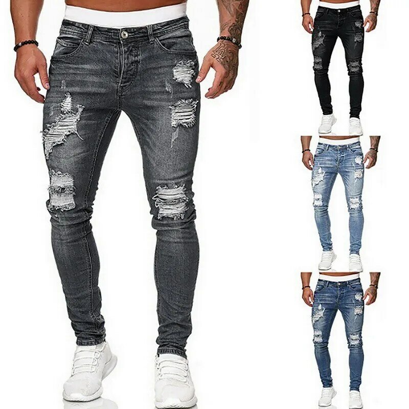 Männer Stepp Bestickte jeans Skinny Jeans Zerrissene Grid Stretch Denim Hosen MANN Elastische Taille Patchwork Jogging Denim Hosen
