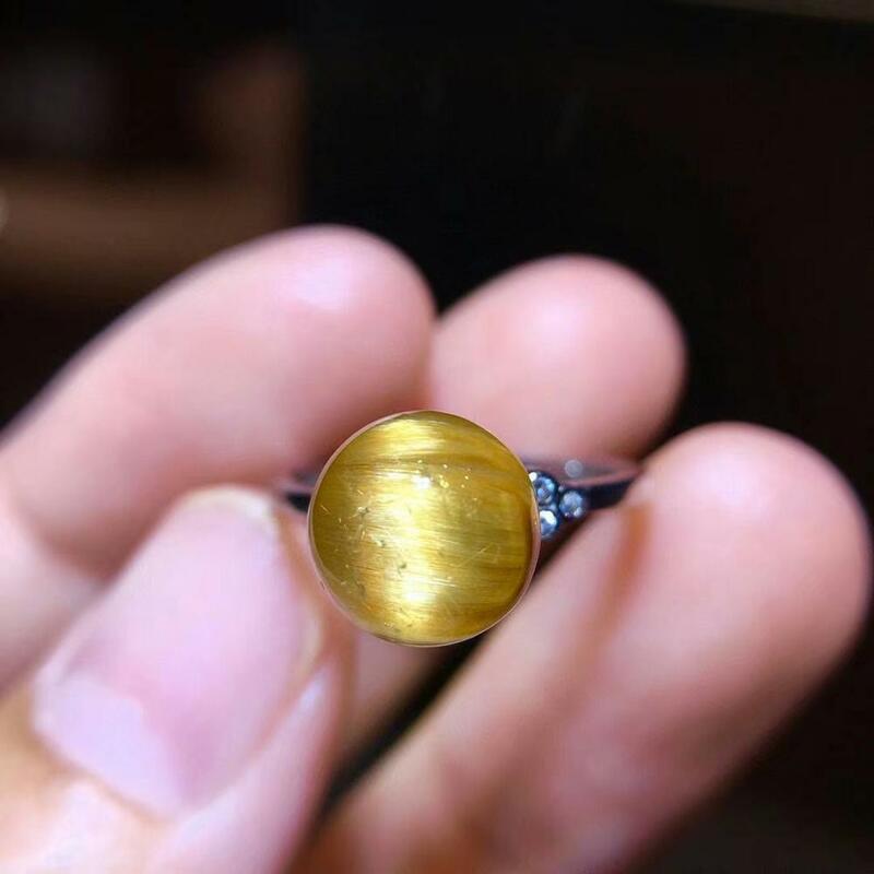 Genuíno ouro natural rutilated quartzo feminino anel ajustável 925 prata 9mm esfera redonda contas aaaaaa genuíno