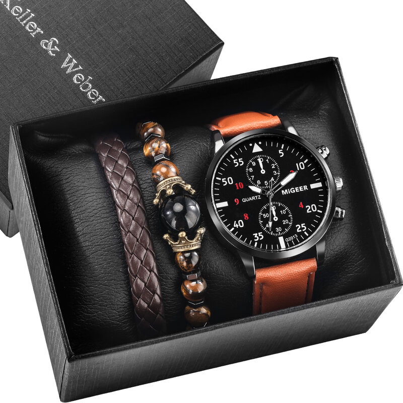 3PCS orologi da polso da uomo Set regalo braccialetto con scatola moda semplice cinturino in pelle orologio al quarzo affari regali di natale per uomo