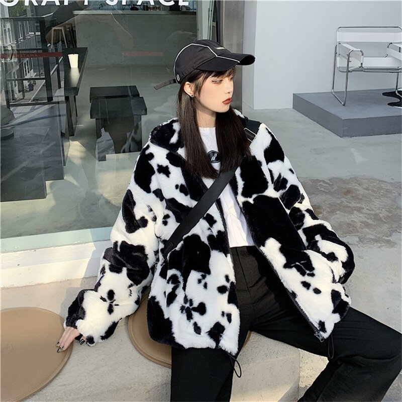 Chaqueta de cuero de manga larga para invierno, abrigo de estilo coreano Harajuku con estampado de vaca, Vintage, franela, mantiene el calor, ropa de algodón