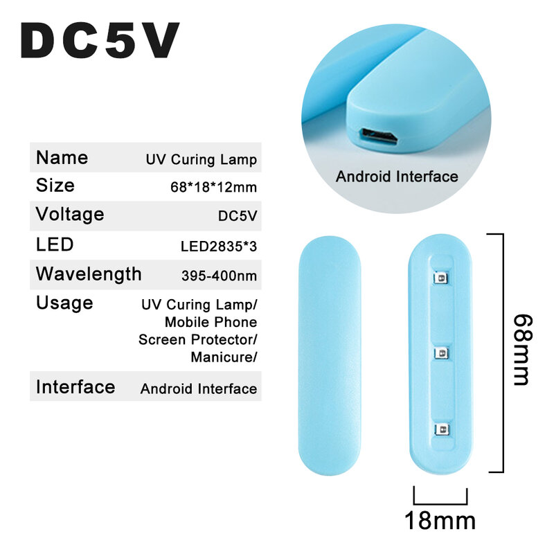 Lampe à polymériser UV Gel, Mini lampe à polymériser UV, USB vers Interface Android, lumières à polymériser avec adaptateur pour manucure, dc 5v