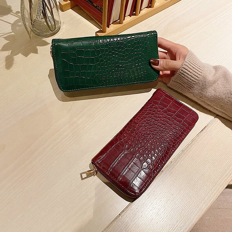 Billeteras de Pu con patrón de cocodrilo para mujer, cartera larga marrón Simple, de lujo, Retro, sólido, diseñador de marca