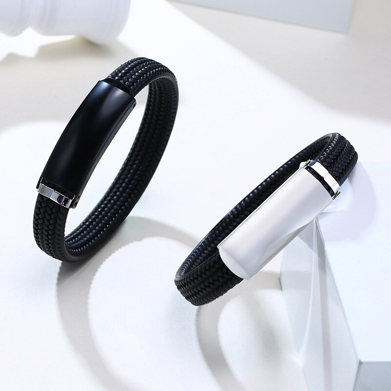 Vnox Angepasst Schwarz Armbänder für Männer Edelstahl Geflochtene Textur Gummi Silikon Bangle Casual Armband Stilvolle Verschluss