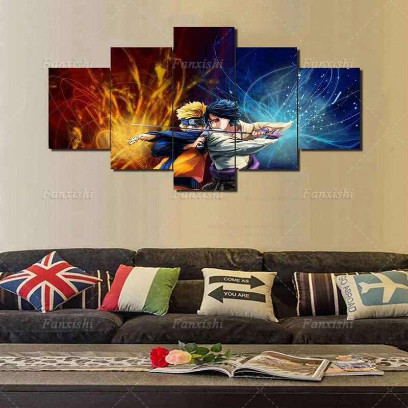 Carteles de Anime de 5 paneles, arte de pared Ninja de Naruto Sasuke, pintura en lienzo, impresiones en Hd, imágenes modulares, decoración para sala de estar de niño, regalo para fanáticos