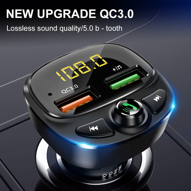 Transmisor Inalámbrico de FM para coche BT5.0, reproductor MP3 de 12-24V, receptor de Audio QC3.0 Dual, carga rápida USB con micrófono y soporte USB/TF