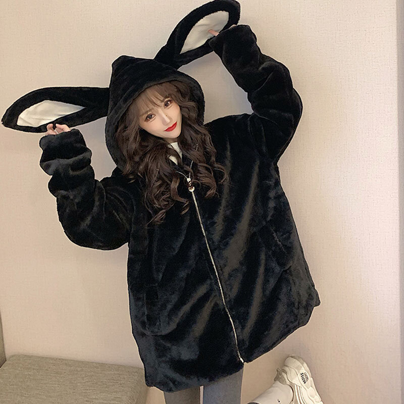 ฤดูใบไม้ร่วงใหม่ฤดูหนาว Gothic Harajuku Hoodies น่ารักกระต่ายหู Kawaii สีดำ Hooded Outwear ผู้หญิงเกาหลีหลวม Warm Plush Coats