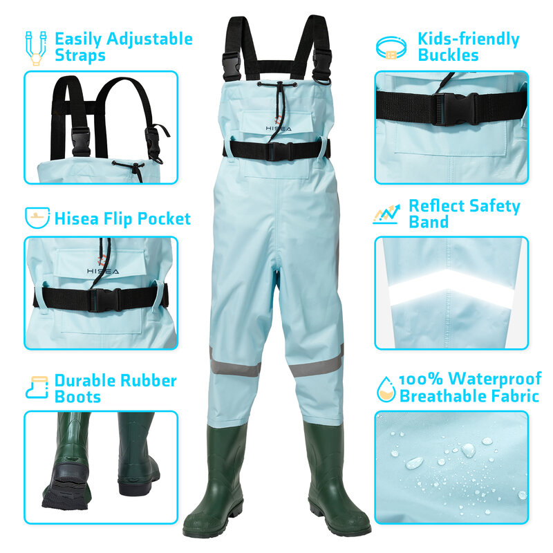 HISEA Kids Waterproof Chest Waders Nylon/PVC Youth Fishing Hunting Waders with Boots for Toddler & Children