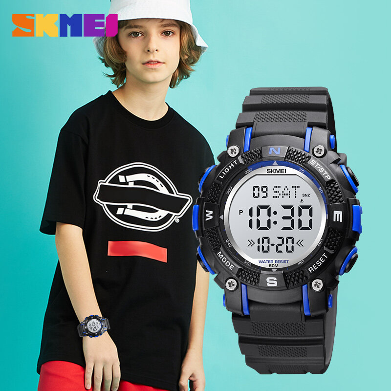 Skmei relógio digital infantil à prova d'água, relógio eletrônico esportivo de pulso cromo com led da marca original para crianças, meninos e meninas, presentes