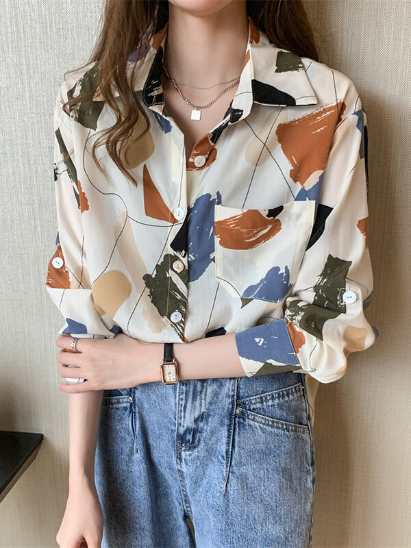 Blusa holgada de Chifón con dibujo en blanco para Primavera, camisa holgada de estilo coreano con bolsillos para mujer