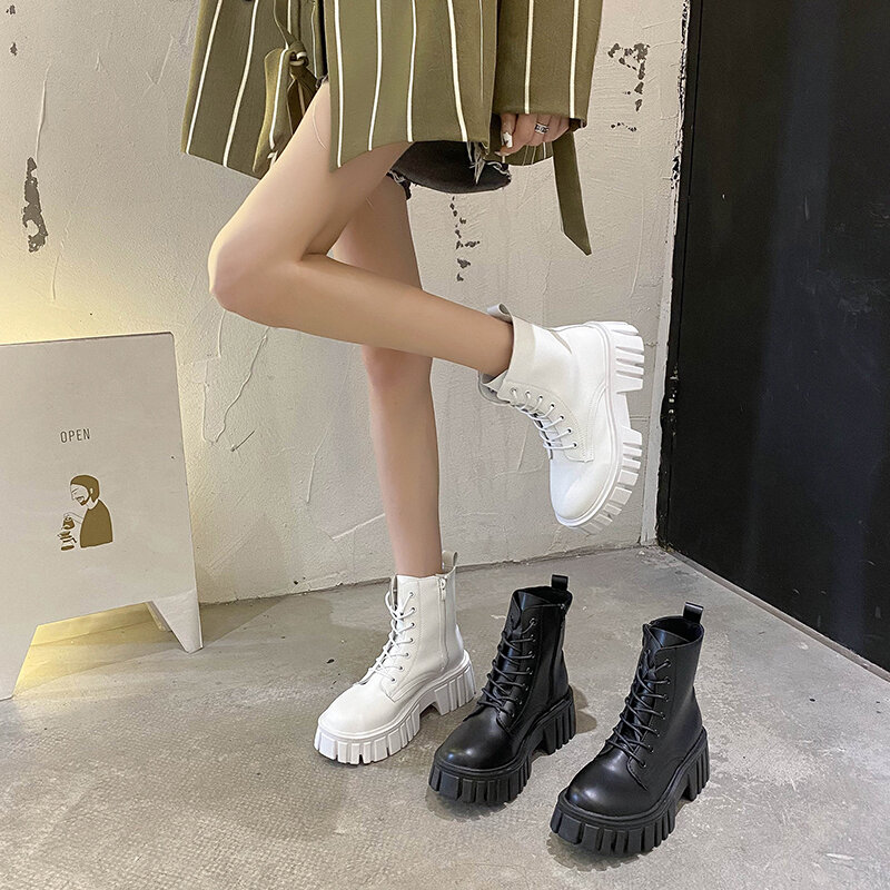 女性のための白い革の足首のブーツ,秋と冬の靴,黒のゴシックプラットフォーム,パンク,ショート,コレクション2021