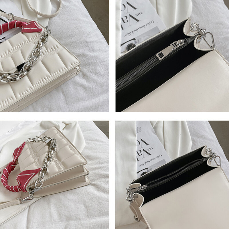 Designer Silk Scarf Leather Chain Handbags Shoulder Bags for Women 2021 Summer New Fashion Luxury Small Square Crossbody Bag