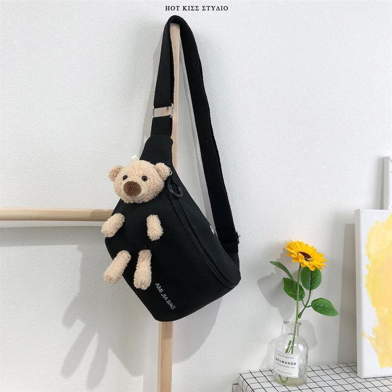 Bear female canvas bag 2021 new tide lovely students chest small pure and fresh and joker one shoulder his pockets