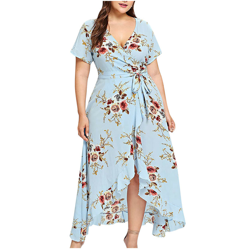 Kobiety Plus rozmiar dekolt w serek kwiatowy Print z krótkim rękawem sukienka Boho sukienka na co dzień damska letnia sukienka plaża Maxi długie sukienki