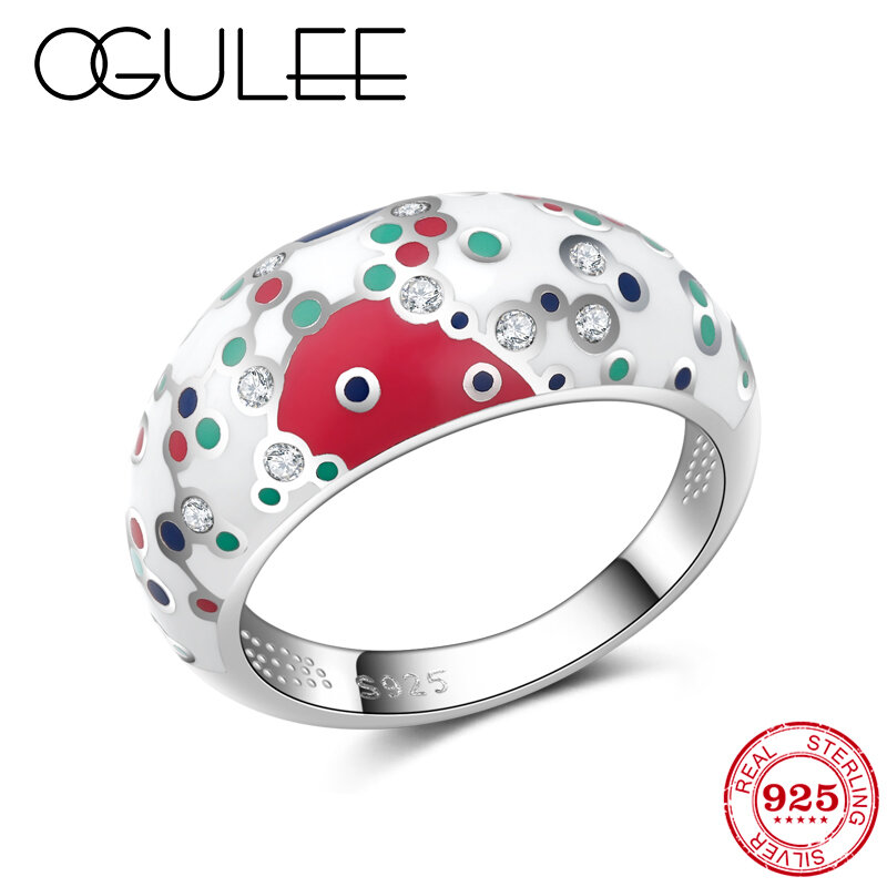 Ogulee hight qualidade 925 prata esterlina esmalte branco dot cor graffiti anéis para mulher personalidade original fino jewerly anéis