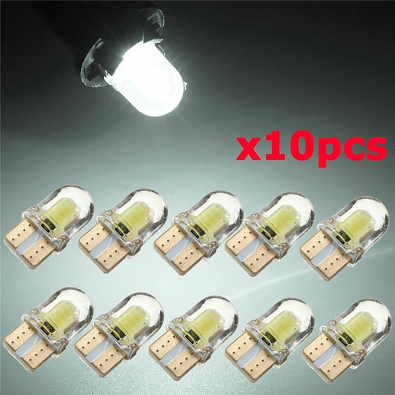 10Pcs Car Headlight Bulbs White LED W5W COB Canbus Silicone Car License Plate Light Lamp Bulbs Auto Reverse Signal