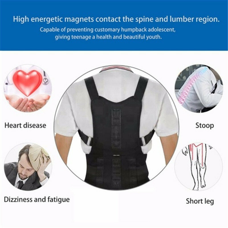 Corretor de postura magnético ajustável, para costas, faixa de cinta, ombro, lombar, alívio de dor, postura, aparador de cintura