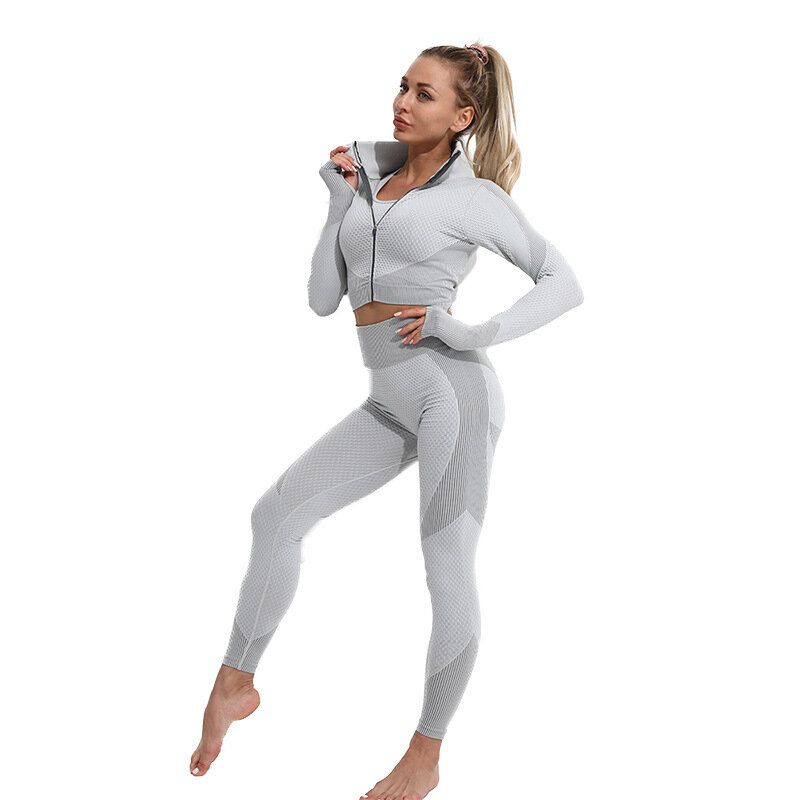 2021 женский бесшовный комплект для йоги, одежда для спортзала, Женская Спортивная одежда на молнии, леггинсы с высокой талией, спортивные кос...