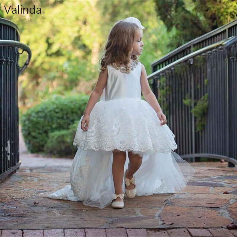 Gaun Formal Gadis Rendah Tinggi untuk Gaun Ulang Tahun Kontes Gadis Bunga Pernikahan