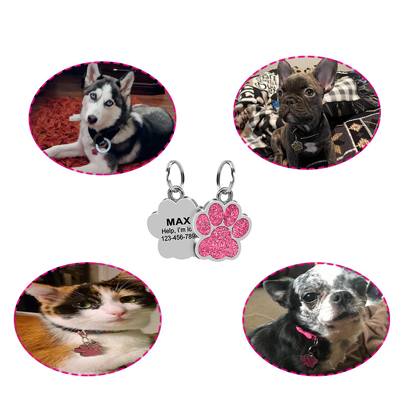 Custom Kat Hond Id Tags Glitter Poot Gepersonaliseerde Lasergravure Naam En Nummer Op Kraag Tag Hanger Gift Voor Kitten puppy