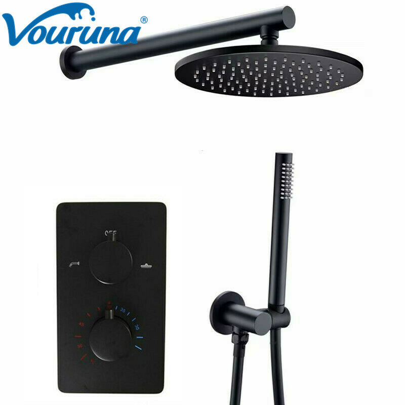VOURUNA-Juego de ducha termostática para baño, combinación de ducha montada en pared/techo, Kit de grifo mezclador de 8/10/12 pulgadas, color negro mate