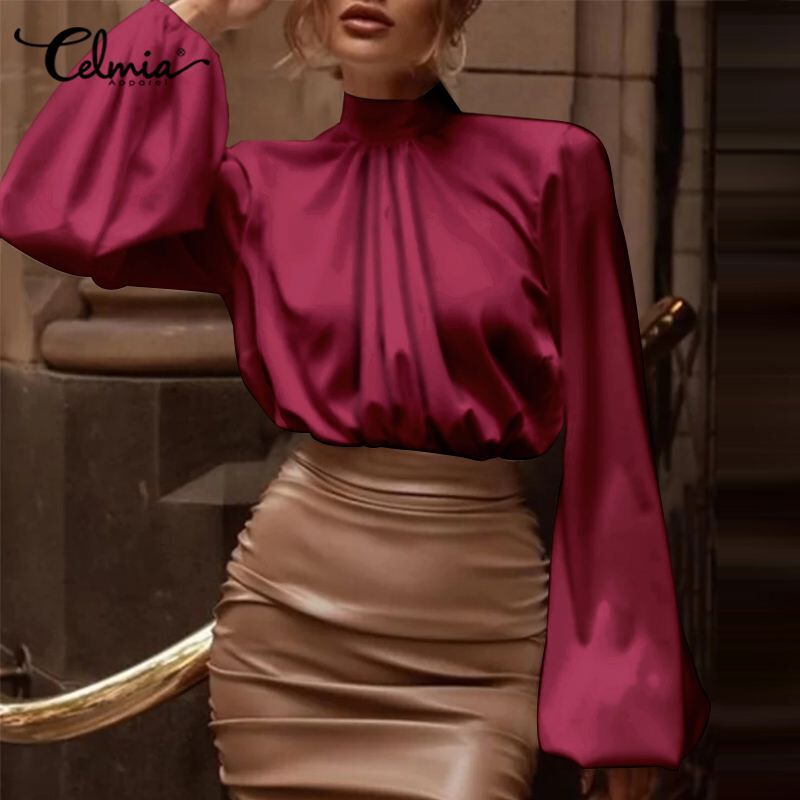 여성 새틴 실크 블라우스 Celmia 2022 패션 랜턴 긴 소매 셔츠 가을 우아한 높은 칼라 캐주얼 튜닉 탑스 Streetwear