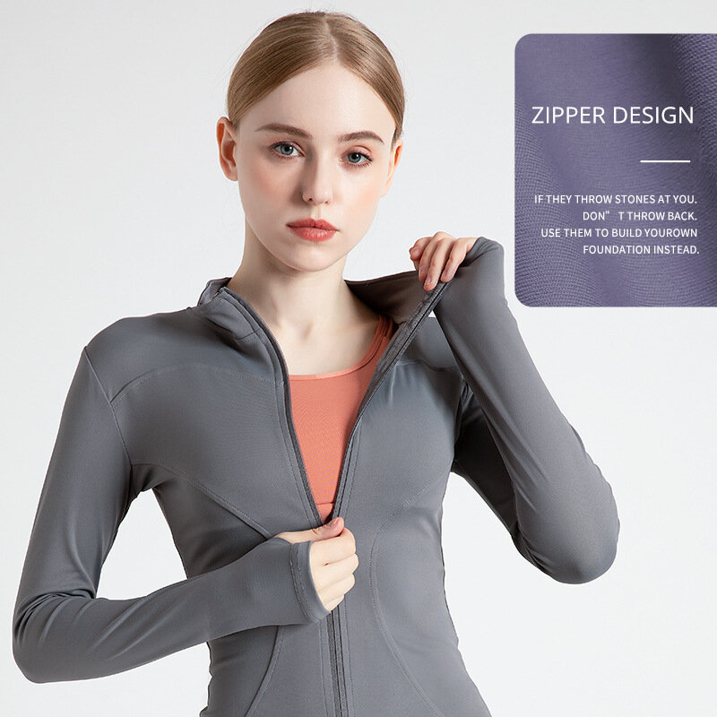 Kobiety sportowe kurtki Zipper joga płaszcz topy Thumb Hole koszulka do biegania odzież sportowa dziewczyna cienkie szybkie suche wysokie elastyczne do ćwiczeń kurtka do ćwiczeń