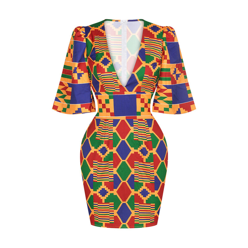 BUSHRA-vestidos africanos a la cadera para mujer, ropa Sexy con estampado de manga corta acampanada y cuello en V para fiesta de verano, 2022