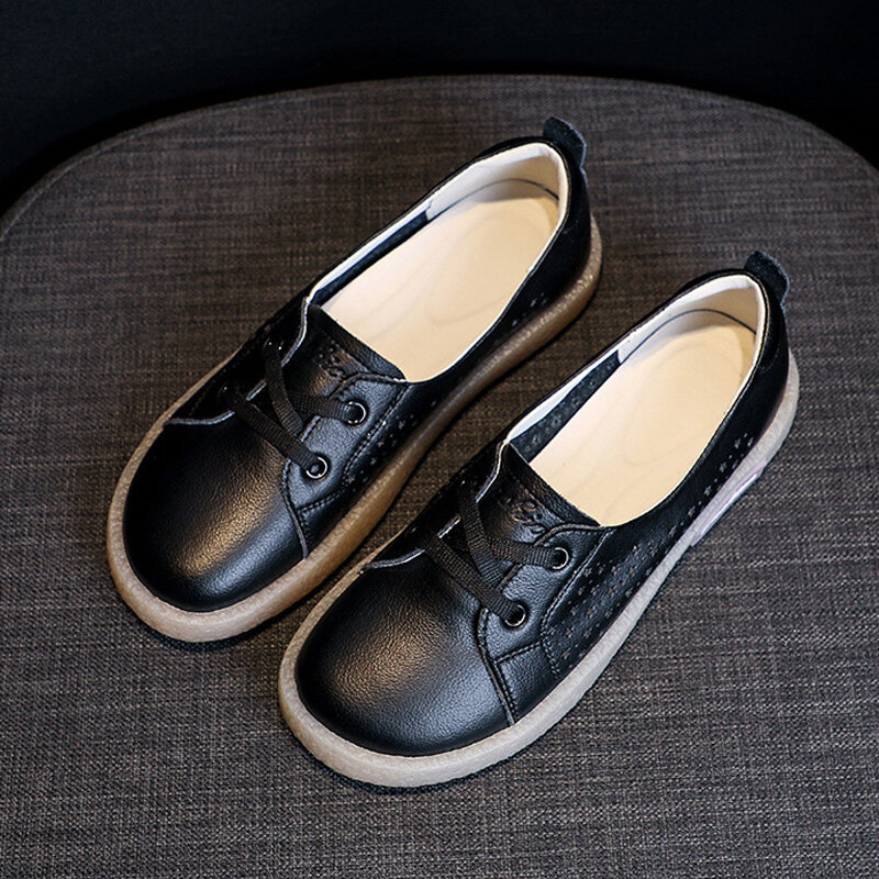 Zapatos informales de cuero genuino para mujer, calzado informal de estilo Retro, cómodo y vulcanizado, zapatos de maternidad transpirables, 41
