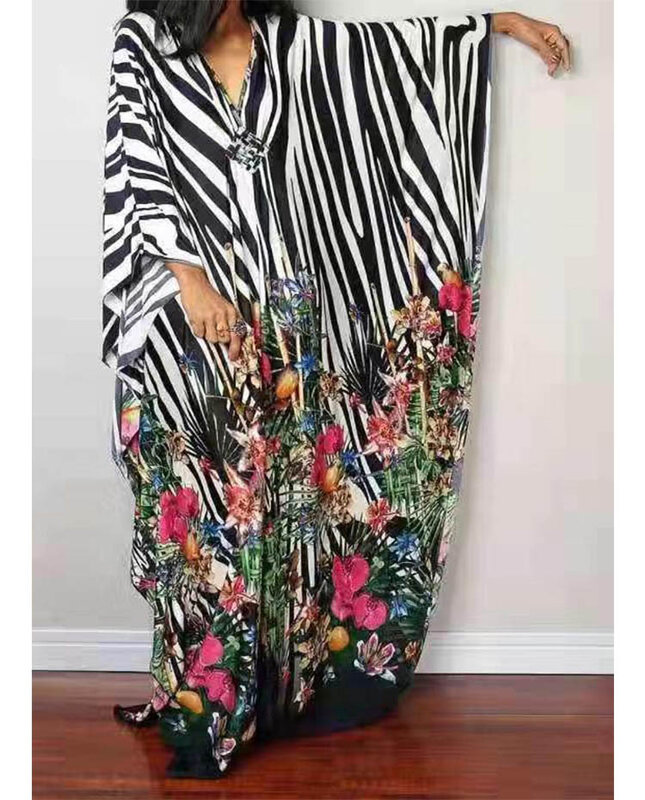 여성을위한 아프리카 긴 드레스 패션 줄무늬 꽃 인쇄 Boubou 2021 새로운 쉬폰 느슨한 Streetwear 가운 아프리카 드레스 Vestidos