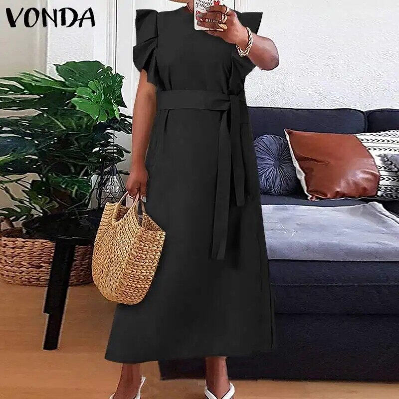 여성 여름 드레스 2022 VONDA Belted Ruffled 민소매 캐주얼 섹시한 Sundress 보헤미안 파티 롱 드레스 Vestidos Plus Size 5XL