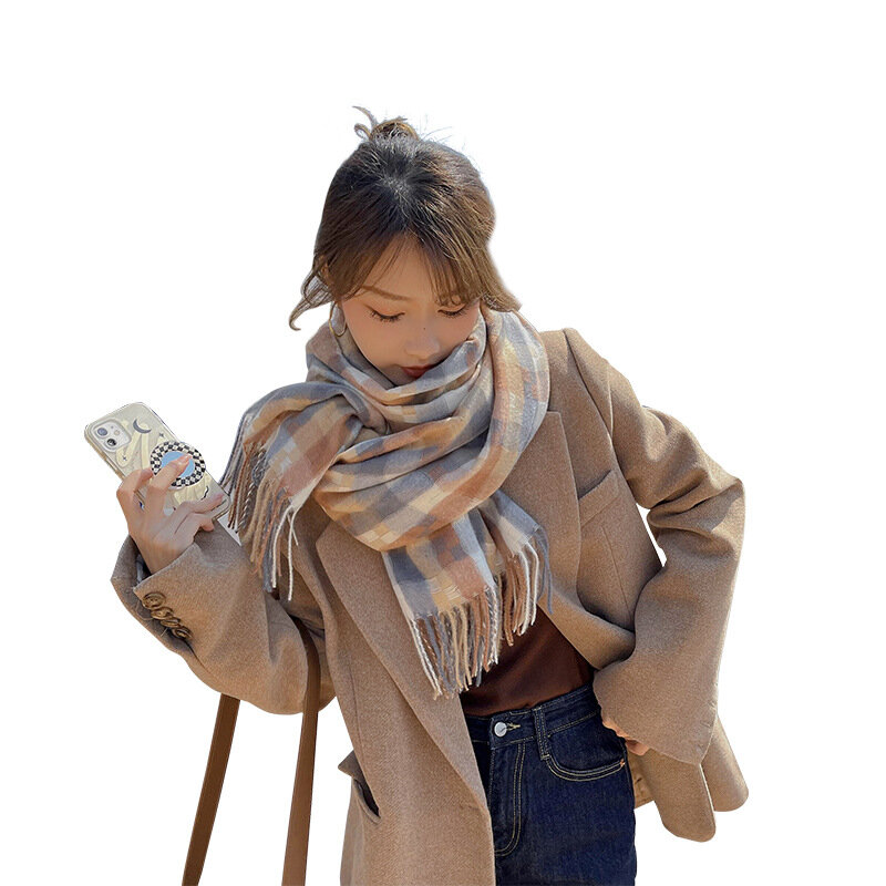 가을, 겨울 여성 따뜻한 롱 캐시미어 스카프 목도리 일본 패션 모자이크 격자 무늬 패턴 술 두꺼운 스카프 레이디